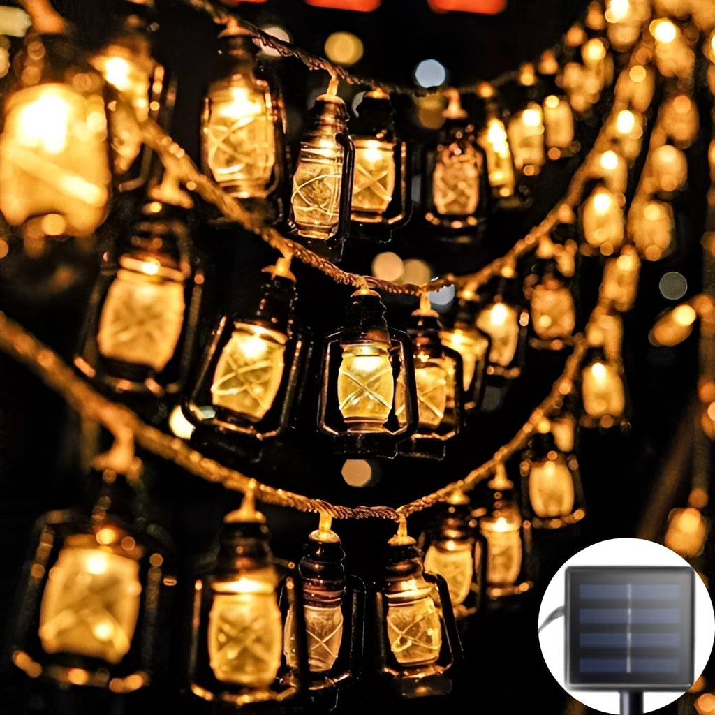 Outdoor solar string lights featuring LED lanterns in RGB and white colors, IP65 waterproof, displayed with amber and gold hues, showcasing artistic patterns and metal fixtures.