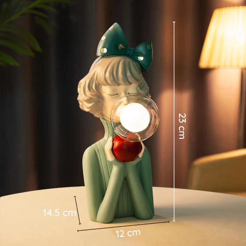 Handcrafted wooden table lamp by Artisan Sisters, featuring a cartoon-style Rosie character design, made with wood and glass elements.