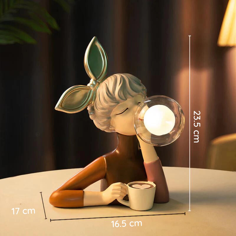 Handcrafted wooden table lamp by Artisan Sisters, featuring a cartoon-style lily design.