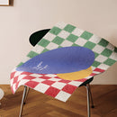 Rectangular entrance doormat inspired by Back to the Future, featuring a creative geometric pattern in electric blue and shades of gray, with circle and rectangle shapes.