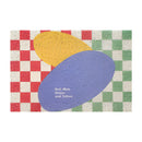 Back to the Future inspired geometric entrance doormat featuring a checkered pattern in magenta and electric blue, with artistic and creative design elements.