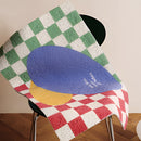 Back to the Future inspired geometric entrance doormat featuring a creative arts pattern with electric blue, red, and various tints and shades, showcasing rectangular and circular shapes for a comfortable and artistic look.