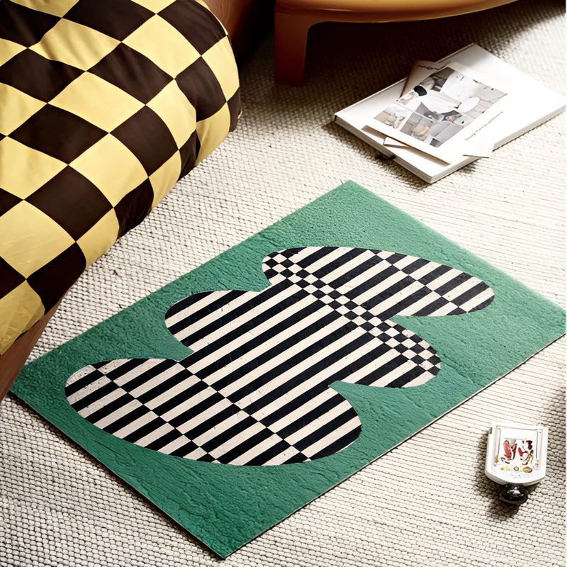 Back to the Future inspired geometric entrance doormat featuring a rectangular shape with distinct patterns and text designs on a wooden floor background.