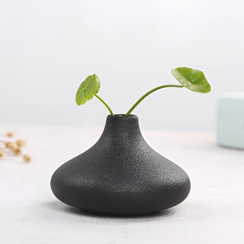 Black ceramic vase containing a variety of houseplants and twigs, designed for both home and garden use.