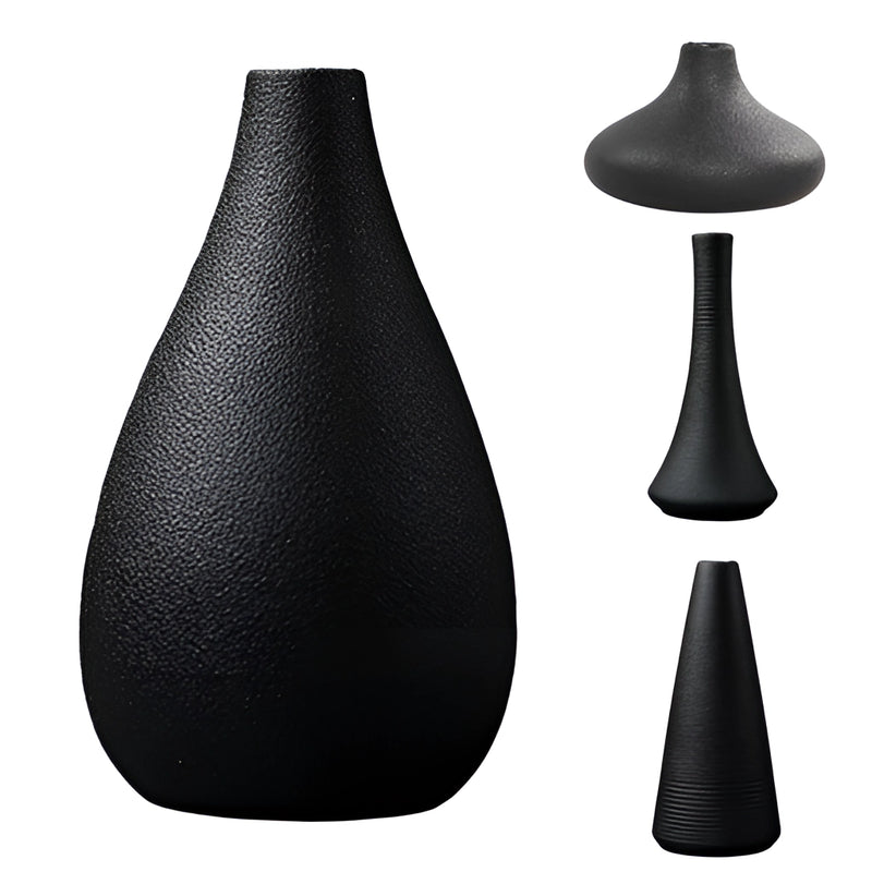 Black ceramic vase depicted in a monochrome still life illustration with artistic elements of tree sketches and balanced composition.