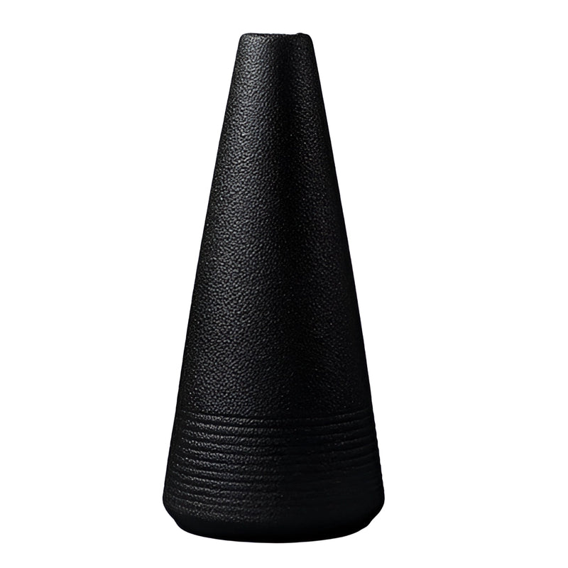 Black ceramic vase with a cone-shaped design, featuring a monochrome pattern suitable for home and garden use.