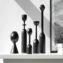 Set of black wooden candle holders displayed on shelving, accompanied by houseplants and decorative glass elements, enhancing home decor.