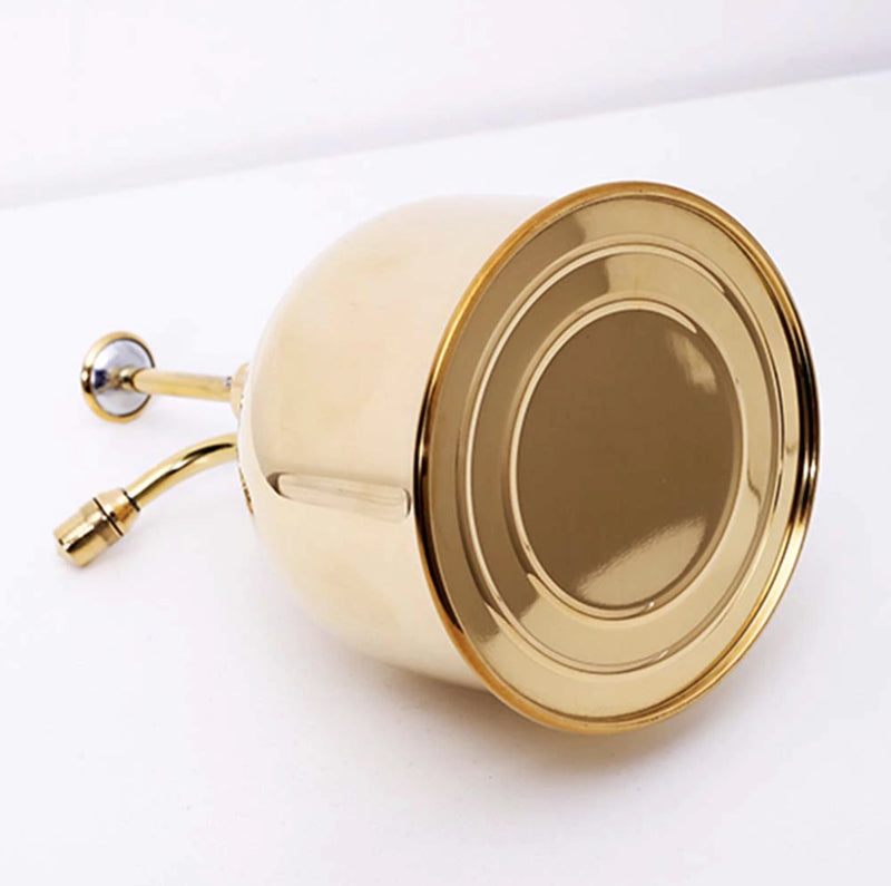 Vintage brass plant mist sprayer on a wooden surface, surrounded by various household and personal items.