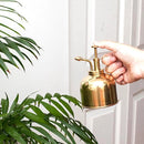 Vintage brass bronze plant mist sprayer surrounded by houseplants, featuring a wooden background and decorative elements.
