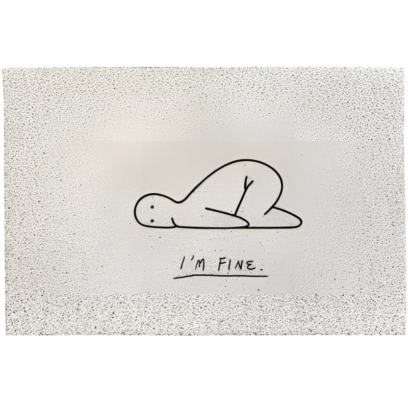 Large indoor outdoor rug featuring a cartoon design with 'I'm Fine' text, happy big eyes, and playful shapes like circles and rectangles.