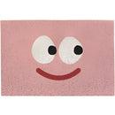 Large indoor outdoor rug featuring a cartoon design of a happy face with big eyes, a smiling mouth, and a moustache.