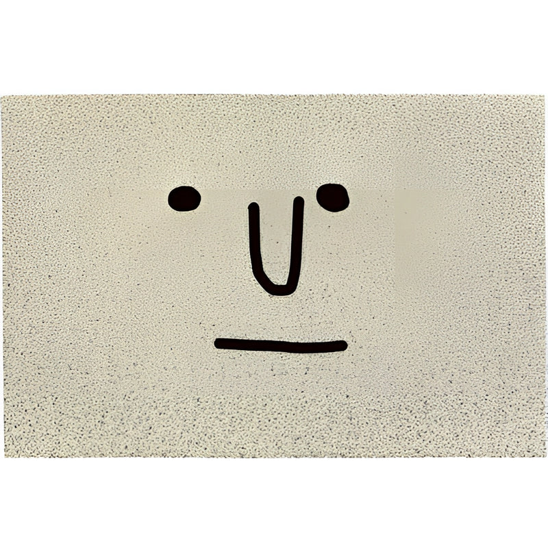 Large indoor-outdoor rug featuring a cartoon design of a smiling face with big eyes and a prominent nose, styled with artistic symbols and a circular motif on a rectangular background.