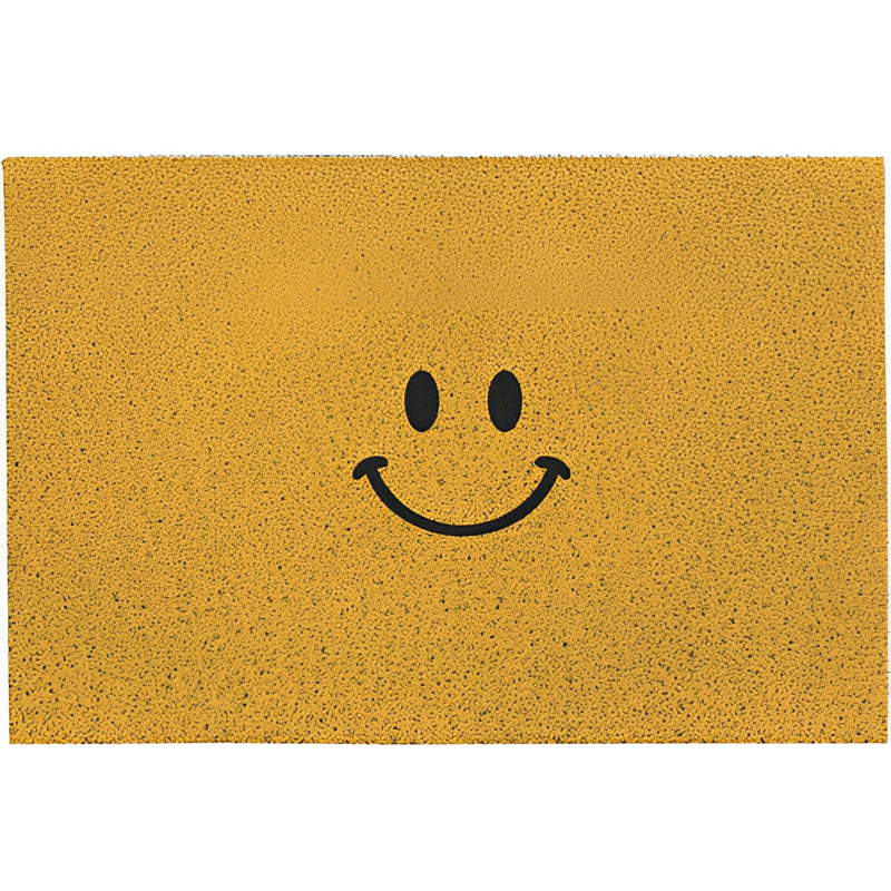Large indoor outdoor rug featuring a cartoon design of a happy, smiling emoticon with big eyes, set against a grassy background.