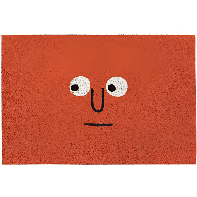 Large indoor outdoor rug featuring a cartoon design with happy, big eyes and a smiling expression, highlighted by artistic patterns and carmine accents.