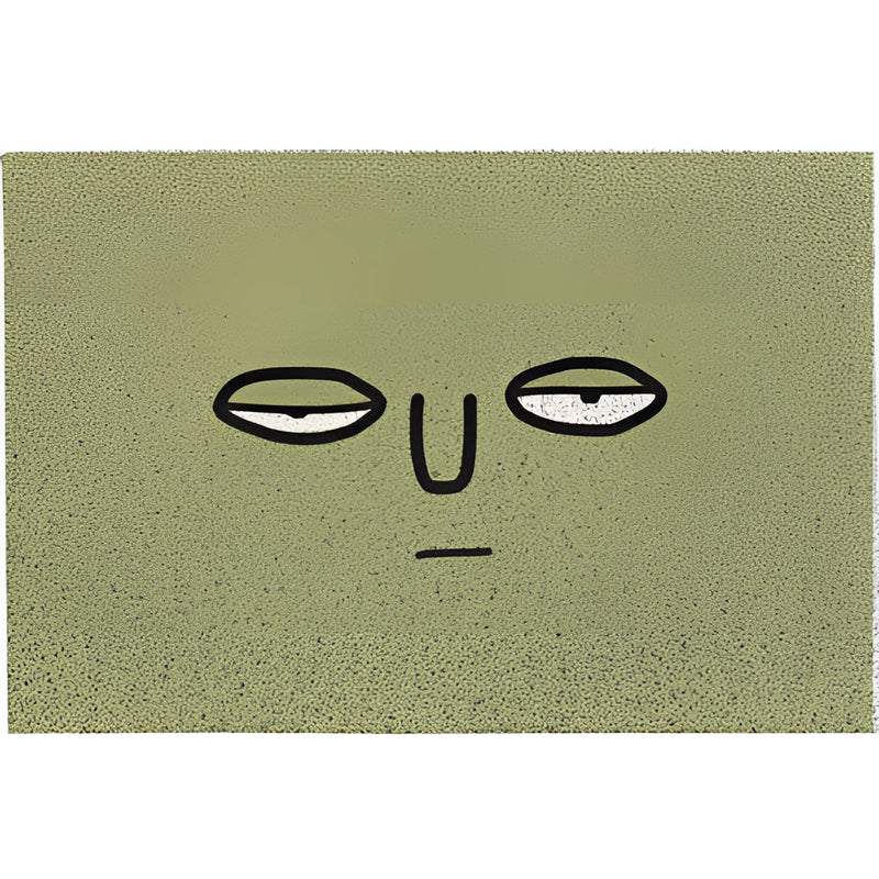 Large indoor-outdoor rug featuring a cartoon design with happy, big eyes, displayed in a rectangle shape with artistic elements and cheerful expressions.
