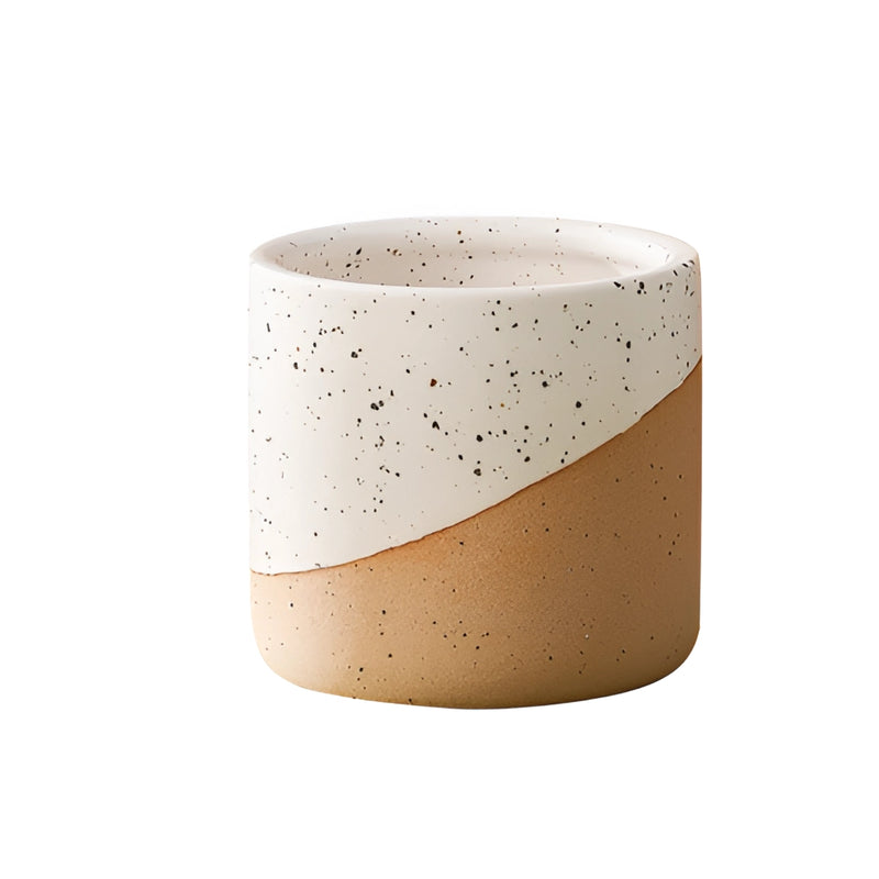 Large ceramic flowerpot in linen color displayed on a table, styled as a coffee cup with a cylindrical shape and porcelain finish.