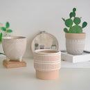 Ceramic flowerpot with a green houseplant on a wooden table, surrounded by various dishware and tableware.