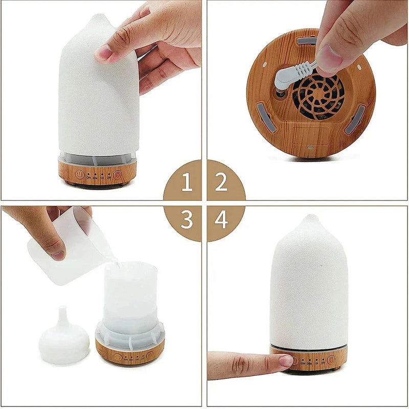 Ceramic aromatherapy diffuser with wood grain design and 7-color night light feature.