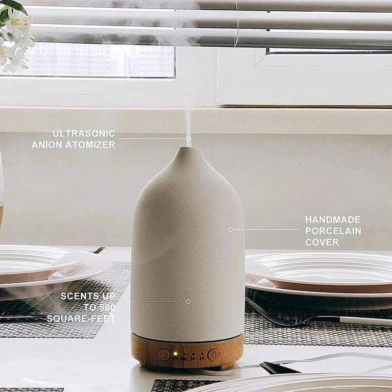 Ceramic aromatherapy diffuser with wood grain design and 7-color night light feature.