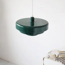 Modern metal pendant lamp featuring linked circles design, attached to a ceiling with a rectangular base, in electric blue color.