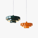 Modern metal pendant lamp featuring interlinked circle design, suspended from a ceiling.