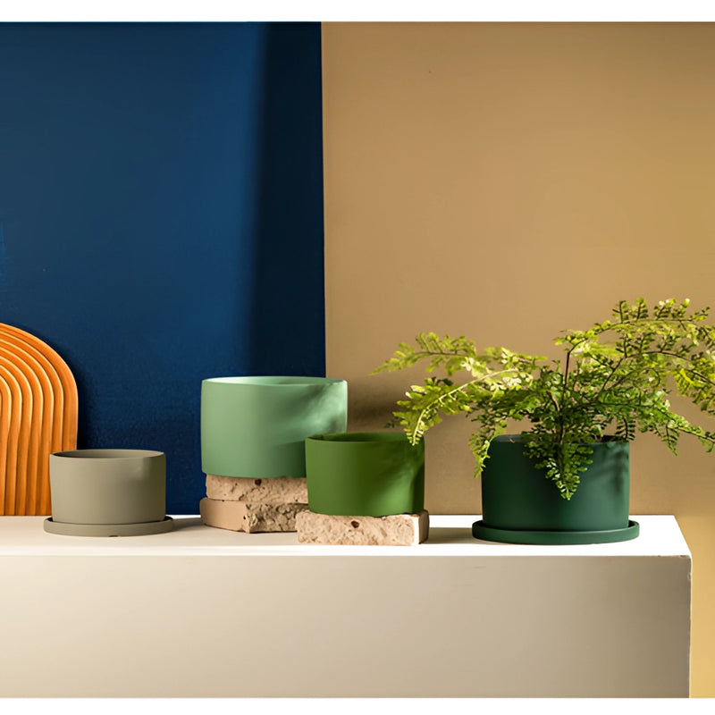 Colorful ceramic planter and saucer set with a houseplant, placed on a wooden shelf in a living room, featuring a stylish interior design.