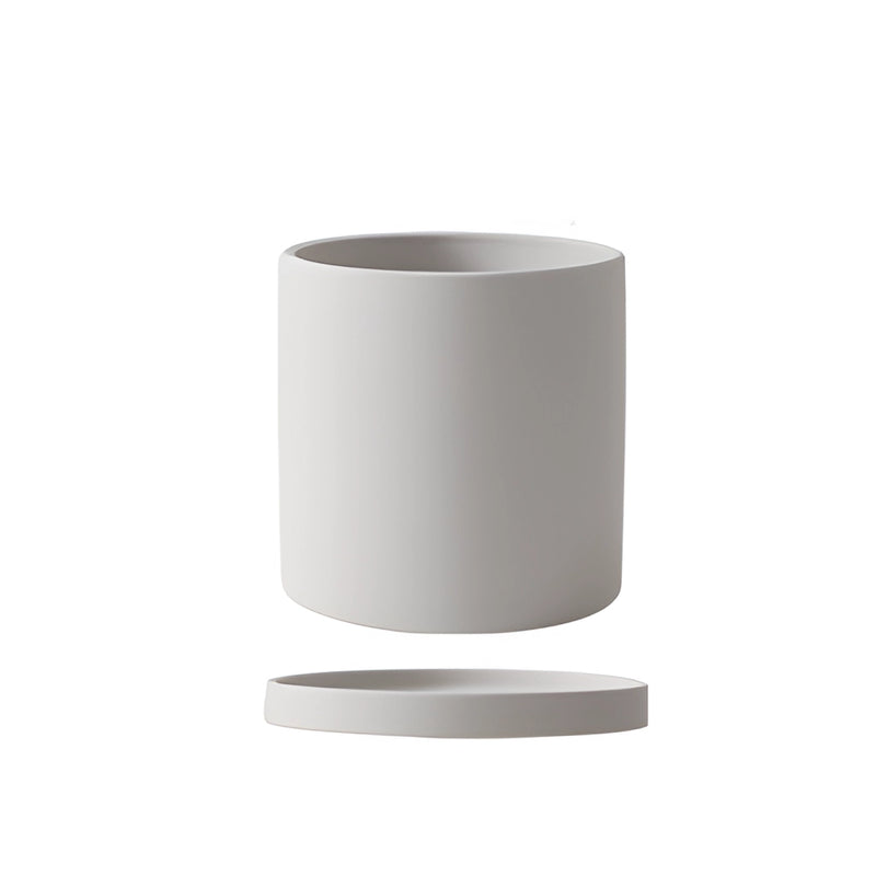 Colorful ceramic planter and saucer set in stone color, large size, displayed on a table.