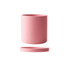 Large pink ceramic planter with a matching saucer, featuring a cylindrical shape and vibrant magenta and electric blue colors.
