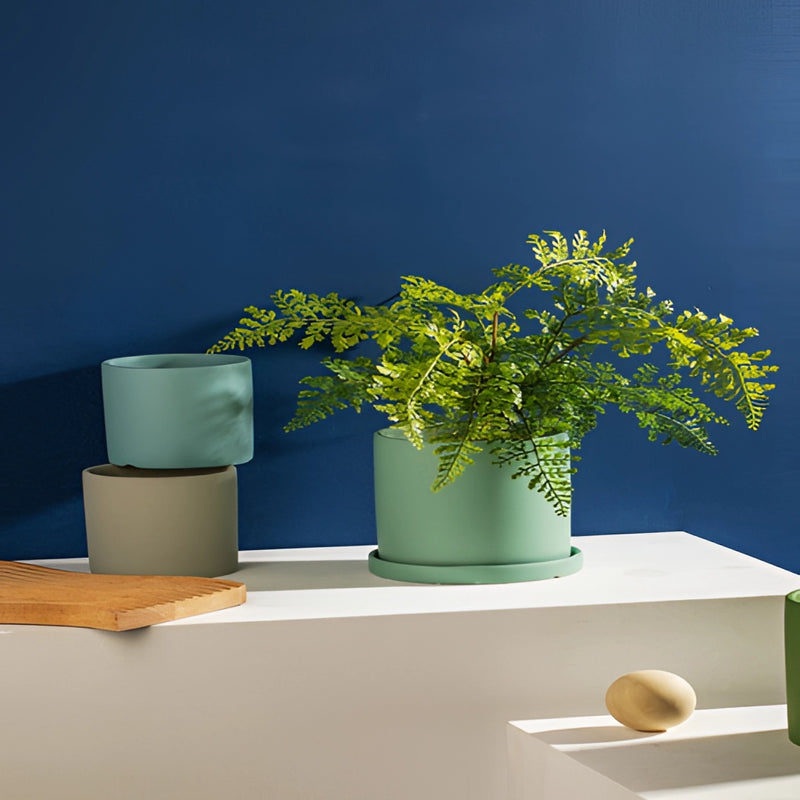 Colorful ceramic planter and saucer set with a houseplant on a wooden table, featuring decorative paint and shelving in the background, ideal for interior design.