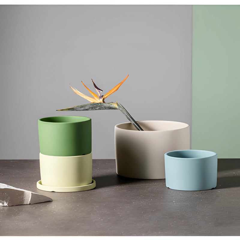 Colorful ceramic planter and saucer set displayed on a wooden table, featuring artistic designs and surrounded by office supplies.