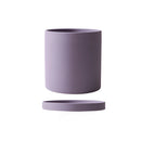 Large violet ceramic planter with saucer in a cylindrical shape, featuring vibrant magenta and electric blue accents.