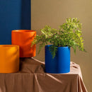 Colorful ceramic planter and saucer set with a houseplant, placed on a wooden table, featuring a design with electric blue hues and twigs, ideal for interior decoration.