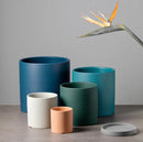 Colorful ceramic planter and saucer set on a wooden table under soft lighting, featuring a cylindrical shape with vibrant electric blue color.