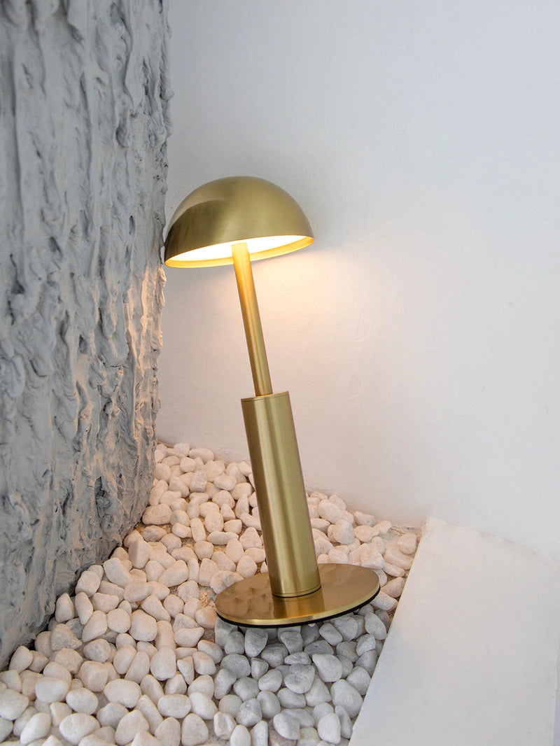 Cordless rechargeable table lamp featuring a unique sculptural design, made from wood and metal, displayed on a floor with a ceiling overhead, artfully blending tints and shades.