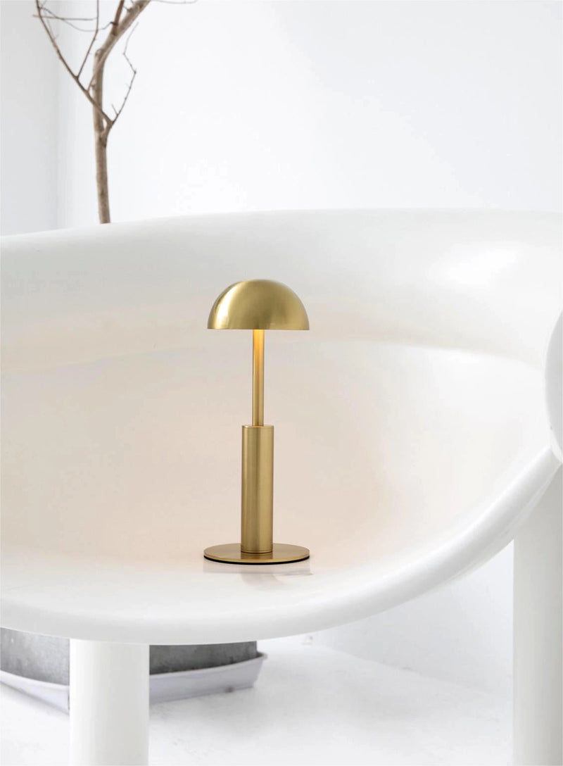 Cordless rechargeable table lamp featuring a unique sculptural design made of wood, displayed on shelving with artwork and a tree in the background, enhancing its artistic and natural aesthetic.