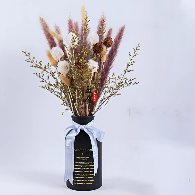 A set of 19 dried pampas grass flowers arranged in a vase, showcasing their fluffy plumes and slender twigs, ideal for interior decoration.