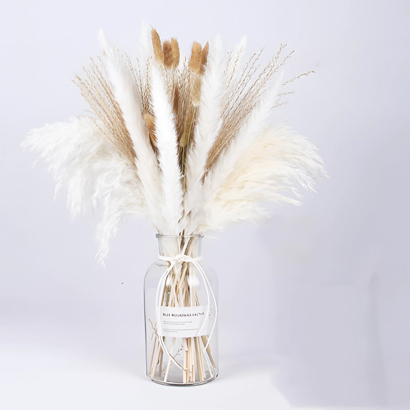 A set of 30 dried pampas grass flowers in a flowerpot, featuring natural feather-like twigs, ideal for wedding or event decorations.