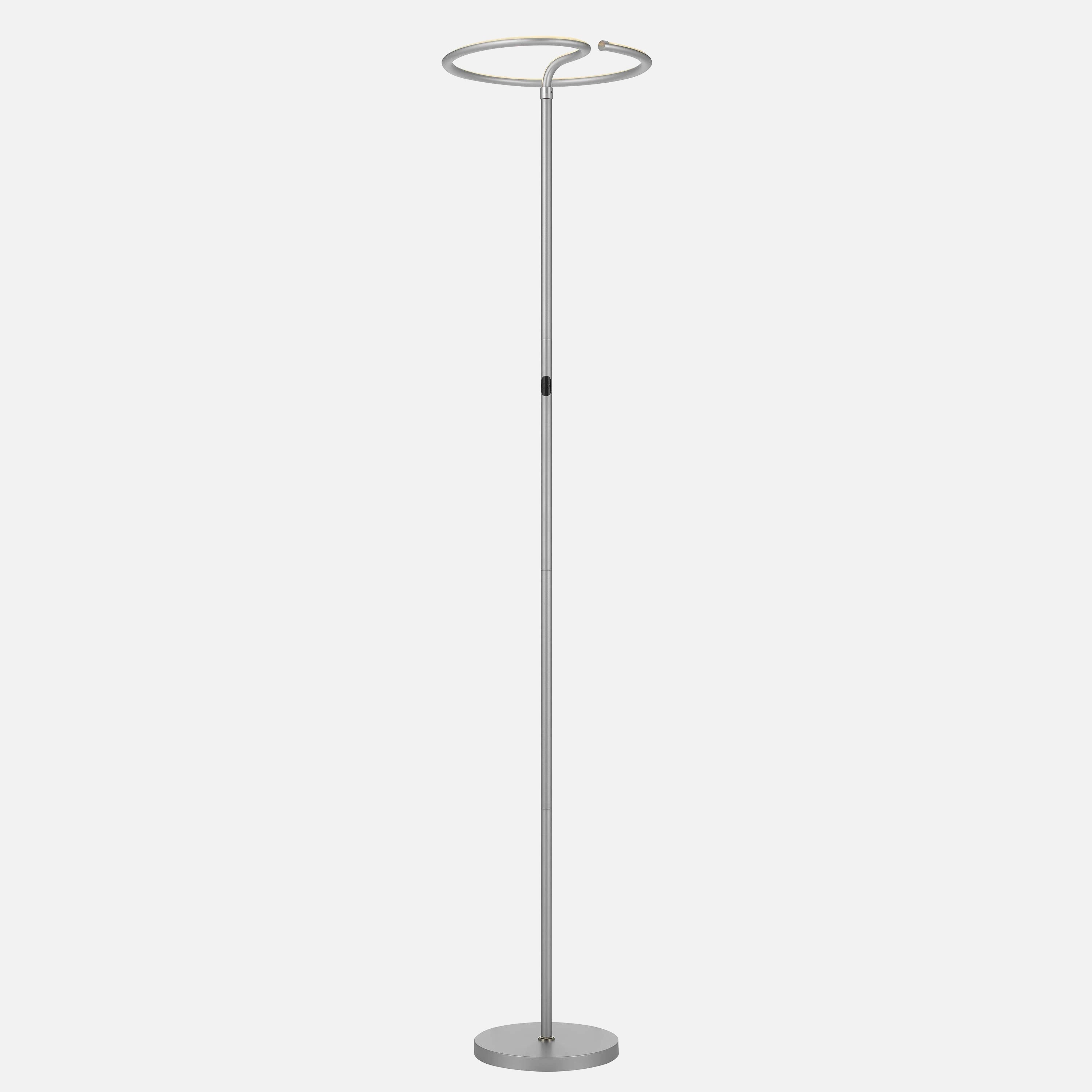 LED floor lamp with touch dimmer, featuring a metal uplighter design and symmetrical ceiling fixture elements.