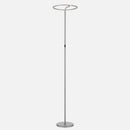 LED floor lamp with touch dimmer, featuring a metal uplighter design and symmetrical ceiling fixture elements.