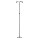 LED floor lamp with touch dimmer, featuring a metal uplighter and pole design, set against a ceiling background.