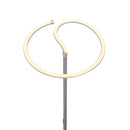 LED floor lamp with touch dimmer control, featuring a metal uplighter design, accompanied by a wooden shelf with a plant, a chair, and eyewear placed on a rectangular surface.