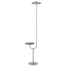 Modern floor lamp featuring a wireless charging station and a table top shelf, made from composite materials and metal, showcasing a blend of rectangular and circular shapes in neutral tones.