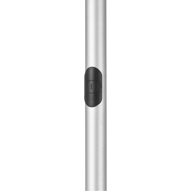 Floor lamp featuring a wireless charging station and a table top shelf, designed with a sleek metal body in electric blue and magenta tones, highlighting modern technology elements.