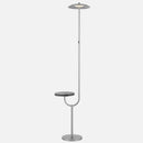 Floor lamp with integrated wireless charging and a table top shelf, featuring a metal light fixture with circular and rectangular shapes, set against a ceiling background.