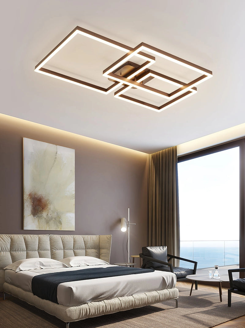 Modern artistic geometric aluminum pendant light featuring LED technology, displayed in a stylish living room with wooden furniture and architectural elements.