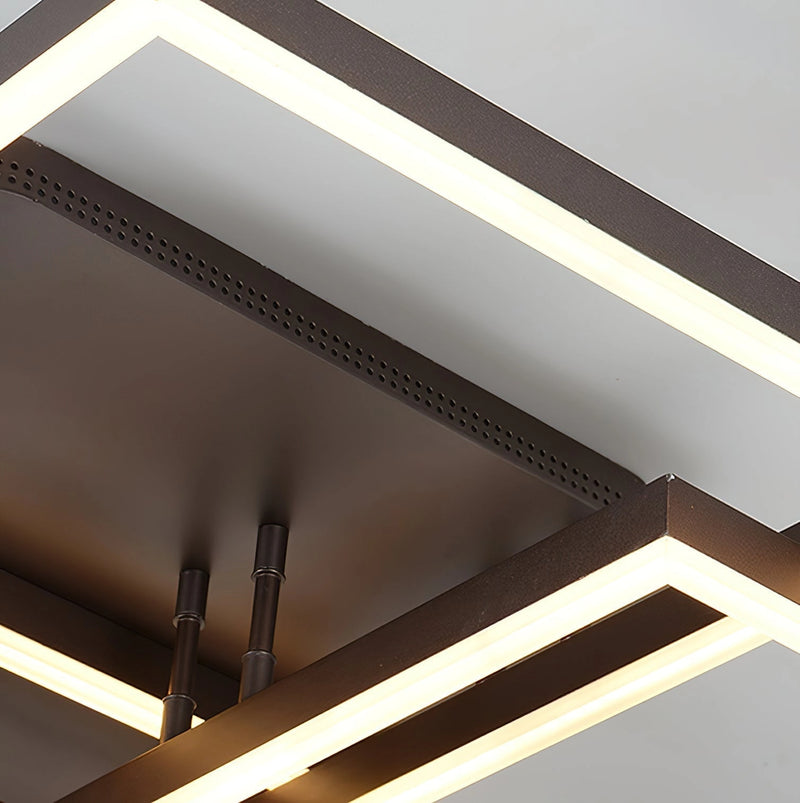 Modern artistic design geometric aluminum pendant light featuring LED technology, with rectangular shapes and wood accents, showcased in a building setting with beams and linear elements.