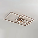 Modern artistic geometric aluminum pendant light featuring a brown finish and cool LED lighting, size L 37.8" x W 25.2" x H 4.3", displayed with triangular and rectangular shapes.