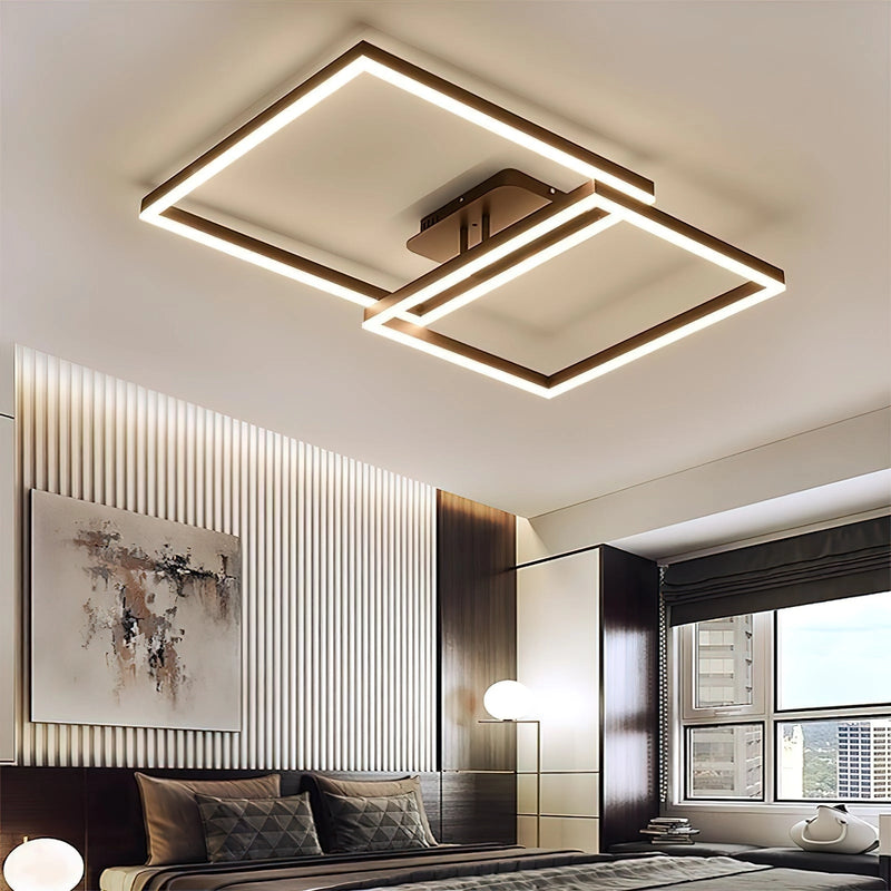 Modern artistic design geometric aluminum pendant light with LED technology, displayed in a room with wooden furniture and large windows, showcasing the intricate lighting and interior design.