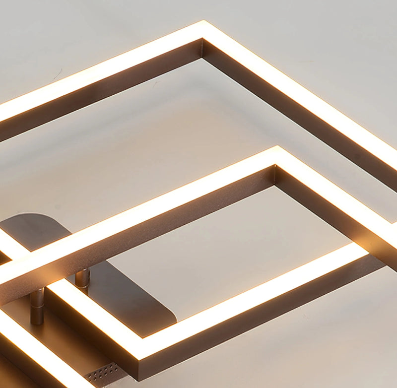 Modern artistic aluminum pendant light featuring geometric design with triangular and rectangular shapes, showcasing shades of brown and LED technology.