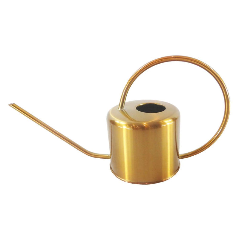 Gold stainless steel watering can on a table, designed for plant care.